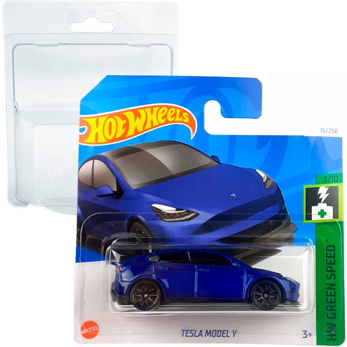 Friki Monkey Hot Wheels Tesla Model Y HW Green Speed 3/10 (15/250) HTB80 Short Card Mattel 2024 + Blister & Card Protector Pack,Model Y Blue