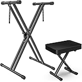 GLEAM Keyboard Stand and Bench Set, Double X Style Keyboard Stand Height from 48cm to 96cm, Heavy Density Foam Padded Bench H
