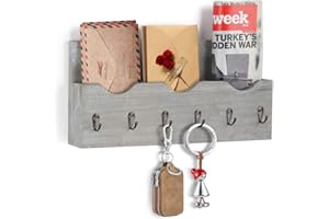 FAGIGY Wall Mounted Mail Hanger Rustic Wood Mail Sorter Wall Shelf with 3 Storage Compartments Entryway Organizer with 6 Key 