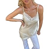 Lace Trim Satin Cami Tops for Women Spaghetti Strap Sexy V Neck Silk Camisole Going Out Party Shirts