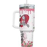 GEPOSTORE Skull Gothic Couple Rose 40oz Tumbler with Handle and Straw | Stainless Steel, Gothic Skeleton Couple, Rose Floral, Birthday Gifts for Women Girlfriends
