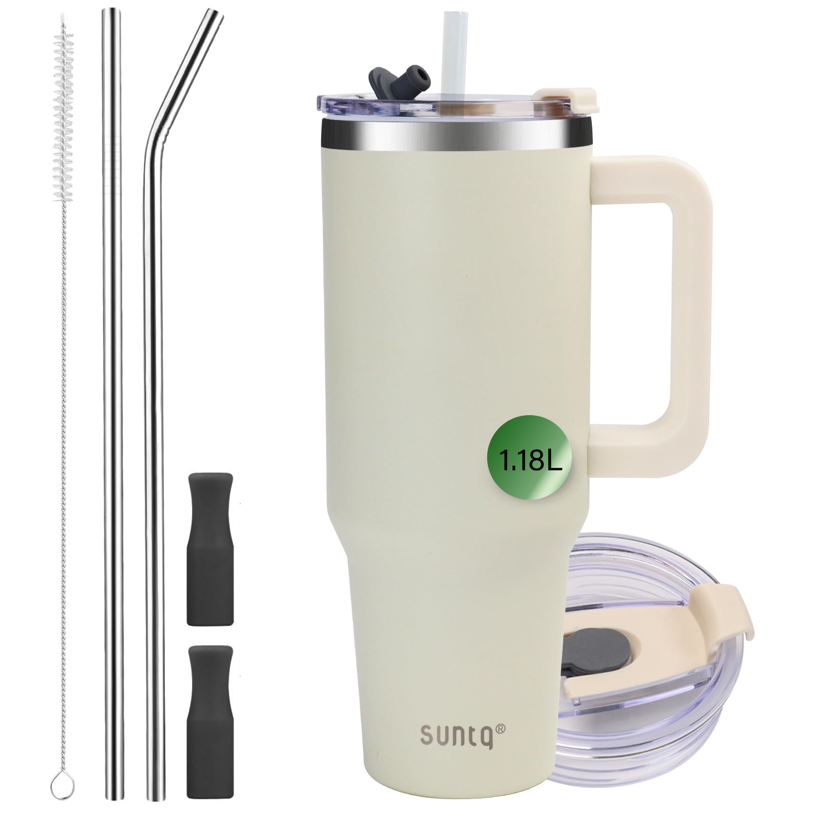 SUNTQ 40oz Tumbler with Handle, Double Wall Vacuum Insulated Water Bottle with Straw and Lid, Stainless Steel Travel Coffee Mug, Reusable Thermal Cup for Beverages, Fit in Cup Holder(Ivory) — image 1