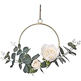 Shiny Flower Floral Hoop Wreath Artificial Rose Flower and Eucalyptus Vine Wreath Hanging Wall Hoop Wreath for Wedding Backdr