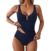 Aidonger Women's Tummy Control Tankini Set Swimsuit High Waisted Two Piece Bathing Suit V Neck Swimwear