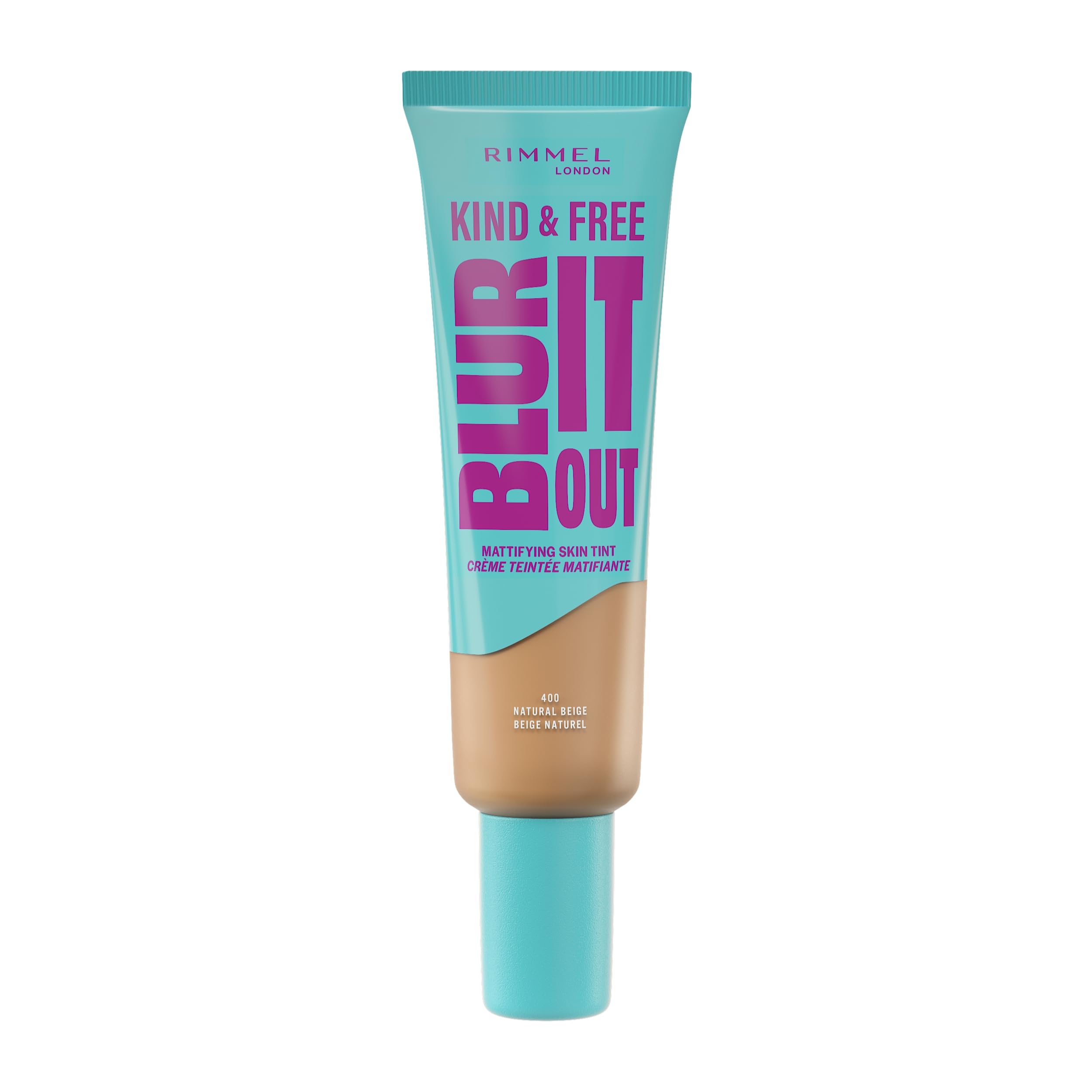 Rimmel Kind & Free, Blur It Out Mattifying Skin Tint, 400 Natural Beige, Lightweight Matte Finish, Minimises Pores, Infused with Cica Complex and Vitamin E, SPF 20, All-Day Shine Control, 30ml
