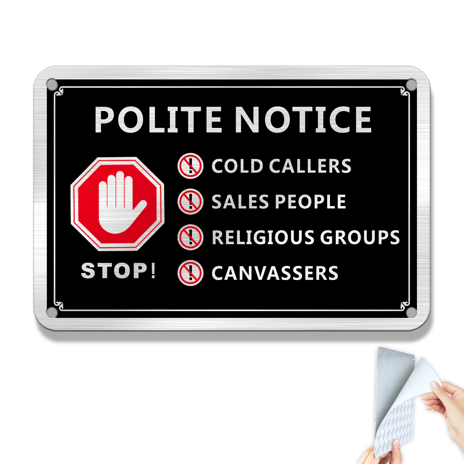 SINMAO Polite Notice No Cold Calling Sticker Metal Brushed Aluminium 15x10cm, No Sales People Sign for Front Door,No Religious Groups Sign, No Canvassers Sticker