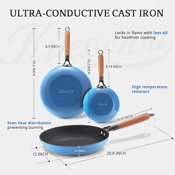 KITESSENSU ENAMELED CAST IRON SKILLETS – NON STICK FRYING PANS SET WITH DURABLE WOODEN HANDLE – 8&10&12 IN TITANIUM CAST IRON PANS FOR MULTI-COOKING – PRE SEASONED COOKWARE SET – GRADUAL COBALT BLUE