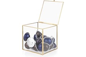ELLDOO Gold Glass Coffee Pods Holder, Coffee Capsule Storage Box with Lid,Tea Bags Sugar Packets Storage Holder Kitchen Desktop Organizer Box, 15x15x15cm