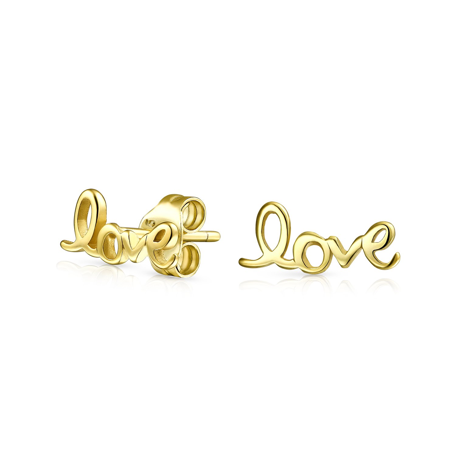 Inspirational Saying Script Words Love Stud Earrings For Women Teens Girlfriend Yellow Gold Plated .925 Sterling Silver