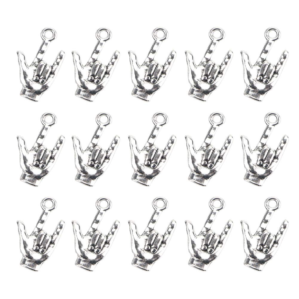 Mengyatege 50 Pieces 22 x 12 mm Antique Silver Hand Pendant Non-verbal I Love You Hand Sign Charms Pendants DIY Accessories (Silver)