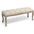 Cozyman Bedroom Bench, French Vintage Tufted Entryway Bench, 45.2" Carving Upholstered End of Bed Bench with Distressed Wood Legs, Linen Ottoman Seat for Living Room, Dining Room, Linen Color