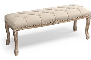 Cozyman Bedroom Bench, French Vintage Tufted Entryway Bench, 45.2" Carving Upholstered End of Bed Bench with Distressed Wood Legs, Linen Ottoman Seat for Living Room, Dining Room, Linen Color