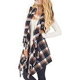 Inorin Womens Sleeveless Plaid Asymmetrical Hem Tassel Drape Open Front Cardigan Vest