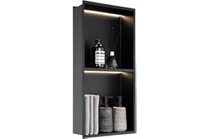MENATT 12x24 Inch Shower Niche with LED Lights, Large Stainless Steel Recessed Wall Niche No Tile Needed, Double Shelf Waterproof Bathroom Storage Organizer, Matte Black