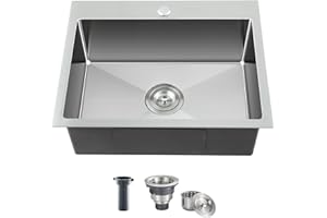 MENATT 23-inch Single Hole Single Bowl Kitchen Sink Drop in, 18 Gauge 304 Stainless Steel Handmade Topmount/Drop In Kitchen Sinks with 9" Deep Bowl Sink, Brushed