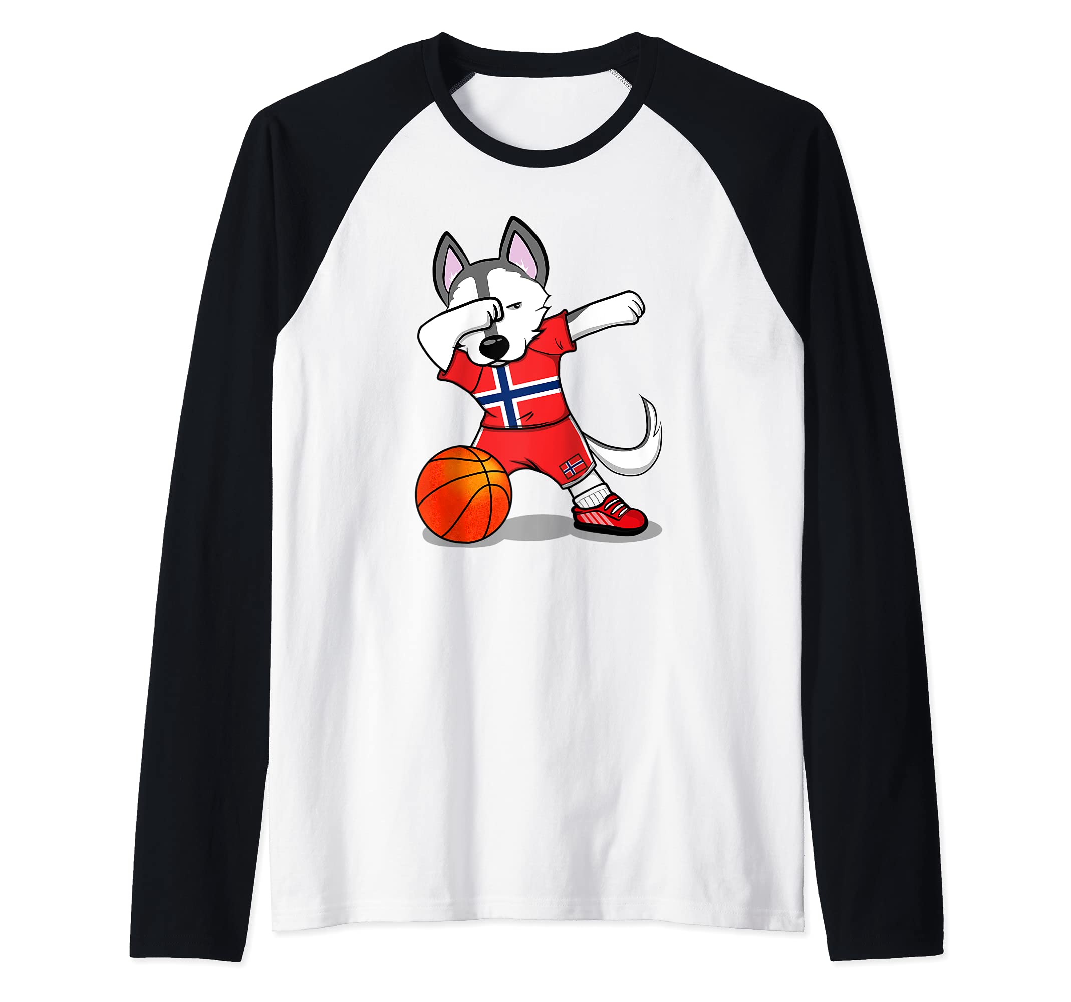 Dabbing Husky Norway Basketball Fans Jersey Norwegian Flag Raglan Baseball Tee