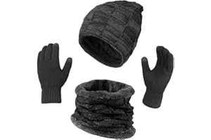 KRATARC Winter Warm Scarf Beanie Hat Glove Neck Gaiter Set Adult Men Women Outdoor (Black)