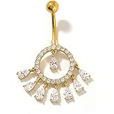 Niaspi 14G CZ Crystal Tassel Dangle Belly Button Rings for Women 316L Surgical Steel Belly Barbell Sparkling Cubic Zirconia Teardrop Round Dangling Belly Navel Ring Navel Piercing Jewelry