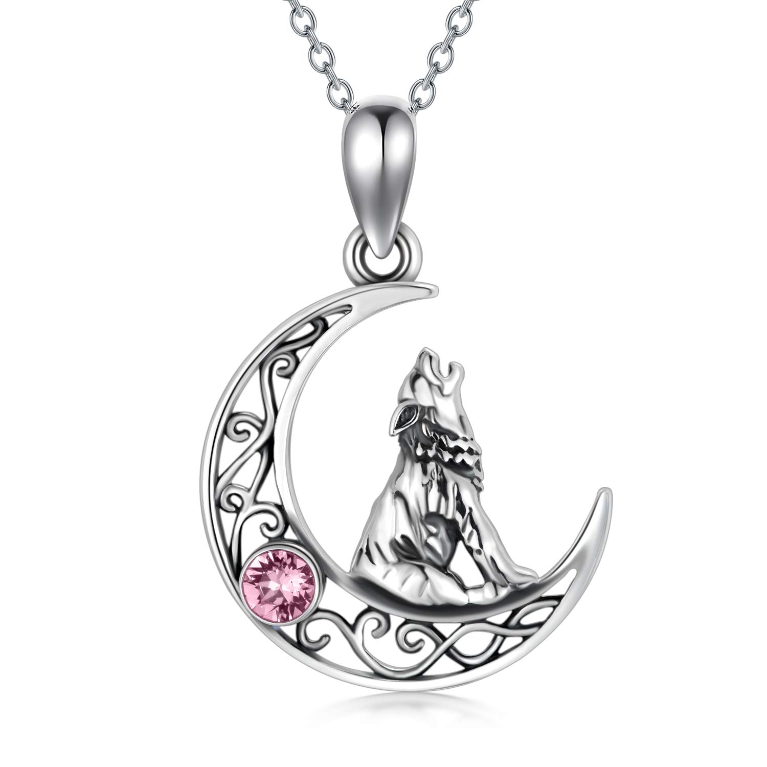 AOBOCO Sterling Silver Crescent Wolf Pendant Necklace, Wolf Jewellery Gifts for Women Her (Pink)