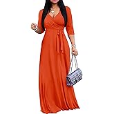 Mrskoala Women Plus Size Long Maxi Wrap Dresses Summer Sundress V-Neck 3/4 Sleeve