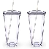 Luxfuel 32oz Acrylic Tumblers with Lid and Straws,Double Walled Clear Plastic Straw Cup,Reusable Insulated Cups Perfect for Parties,Birthdays,Weddings -2 Pack