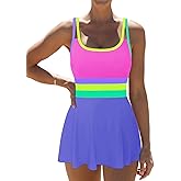 popvil Women One Piece Swimsuit 2026 Tummy Control Bathing Suit Neon Modest Swim Dress with Skirt Full Coverage