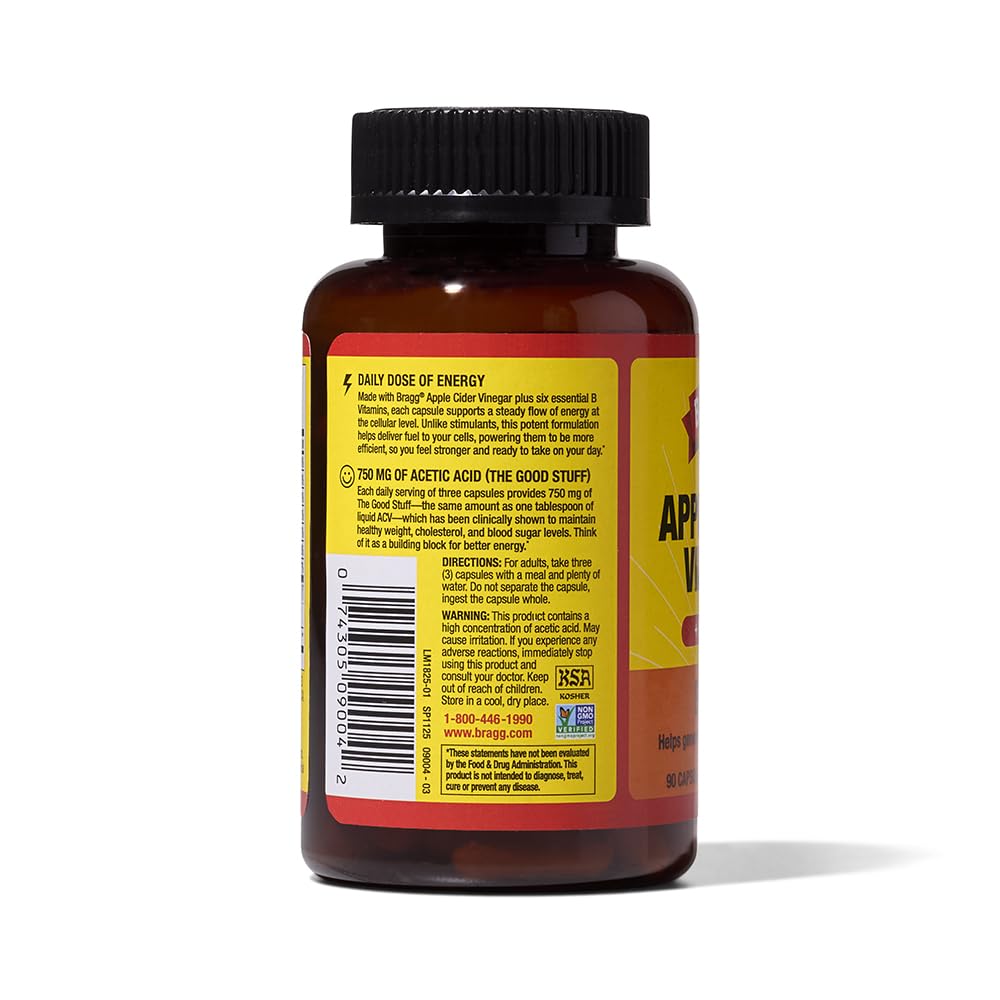 Bragg Energy Apple Cider Vinegar Capsules with B-12 Vitamins - 90 Capsules - Weight Management - Non-GMO, Vegan, Gluten Free, No Sugar - Helps Generate Energy at Cellular Level for Men and Women