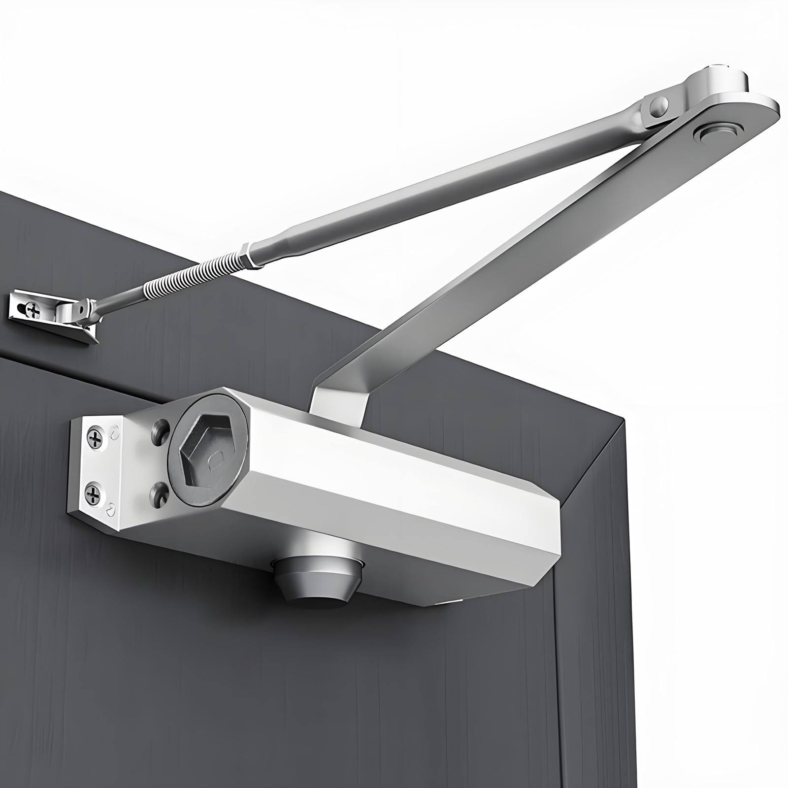 Photo 1 of JOHALXER Automatic Door Closer, Heavy Duty Auto Door Closer for 143-187 lbs Door, Commercial Grade Hydraulic Door Closers Adjustable Speed and Hold Open, Size 3 Spring, Heavy-Duty Silver
