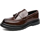 Men's Leather Tassel Platform Slip on Loafers Luxury Round Toe Lug Sole Non-Slip Dress Shoes Casual Low Block Heel Business Work Office Shoes