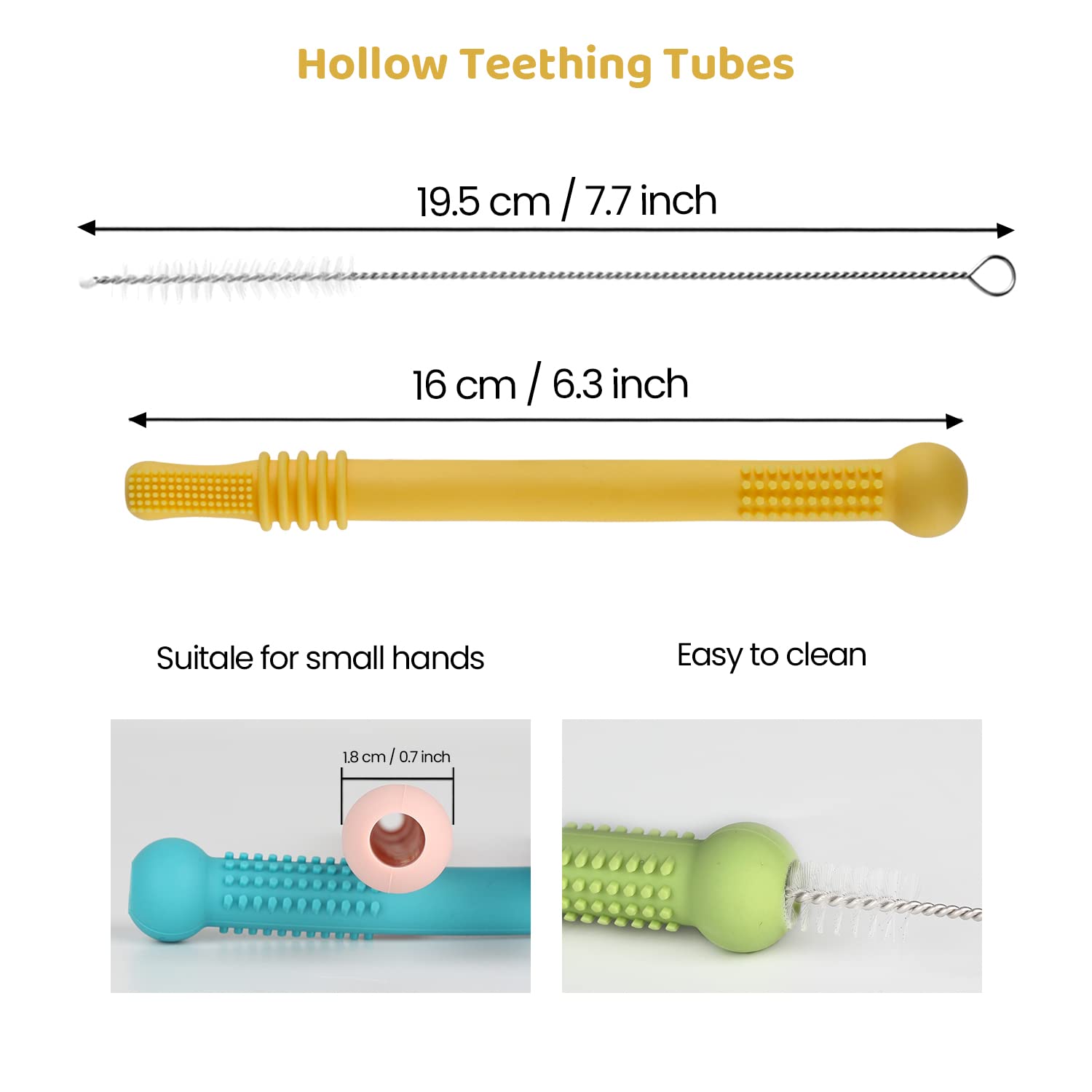 Yinghezu Hollow Teether Tubes, 6 Pack Chew Straw Toy for Infant Toddlers Silicone Teething Toys for Babies, 0-6 Months 6-12 Months BPA Free/Freezable/Dishwasher and Refrigerator Safe