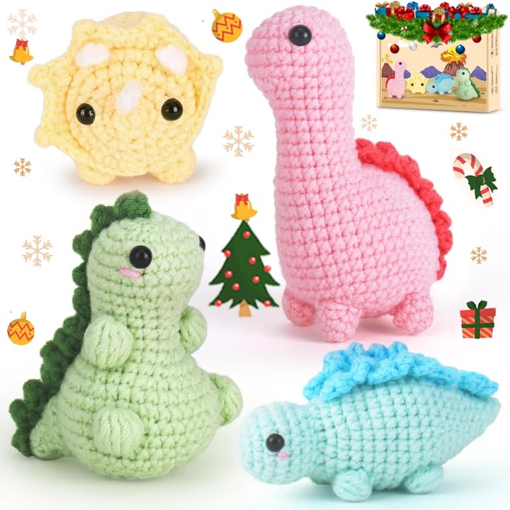 Crochet Kit for Beginners, Beginner Crochet Kit for Adults with Step-by-Step Video Tutorials, DIY Crochet Animal Kits Kids Knitting Supplies, 4 Pack Dinosaurs (40%+ Yarn) Knitting Patterns