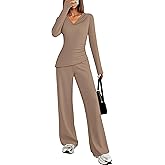 ZESICA Womens 2026 Spring Summer Asymmetrical Lounge Sets Long Sleeve V Neck Top Wide Leg Pants 2 Piece Matching Set Outfit