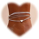 Crymystal Bohemian Layered Heart Anklet Silver Love Heart Ankle Bracelet Woven Rope Anklets Chain Bracelet Adjustable Beach Anklets Summer Beach Foot Chain Jewelry for Girls Gifts
