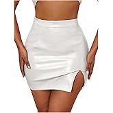 WDIRARA Women's Side Slit Bodycon Skirt Stretchy High Waisted PU Leather Mini Skirts