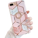Qokey iPhone 8 Plus Case,iPhone 7 Plus Case Marble Cute Stand Cover for Women Girls 360 Degree Rotating Ring Kickstand Soft T