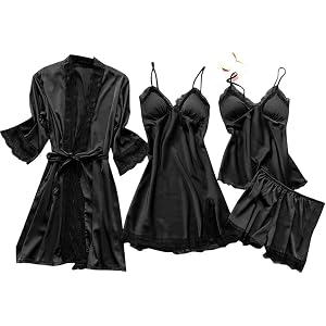 YMAMIYO Lace Pajama Set With Robe Plus Size 4pcs Satin Nightgowns With Slit Silk Camisole Tops & Shorts Belted Matching Pjs