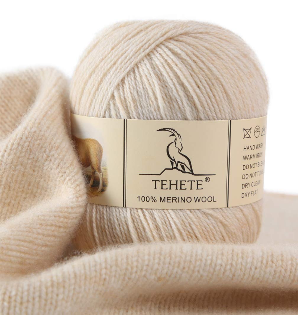 TEHETE 100% Merino Wool Yarn for Knitting and Crochet 3ply 50g 250m Soft and Luxurious - Beige