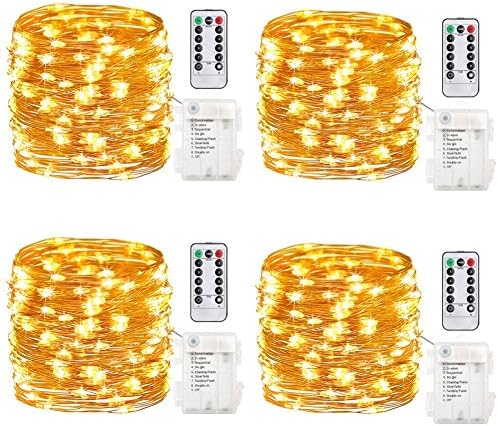 Ottmar 4 Pack Fairy Lights Fairy String Lights Battery Operated Waterproof 8 Modes 50 LED 16.4ft String Lights Copper Wire Firefly Lights Remote Control for DIY Wedding Party Dinner (Warm White)