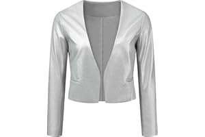 Allegra K Faux Leather Crop Blazer for Women's Collarless Open Front PU Moto Biker Jackets