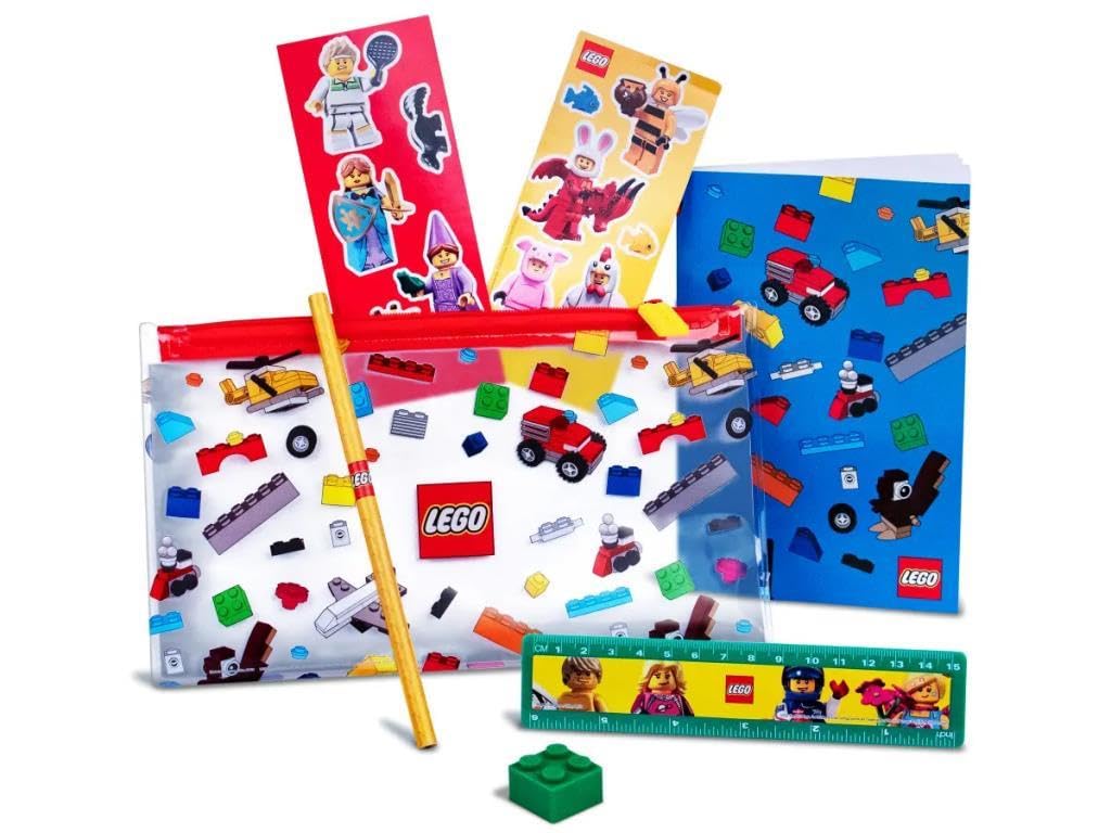 LEGO STATIONERY SET with branded items ready for some schoolwork, including a pencil case, notebook, stickers, pencil, ruler and eraser.