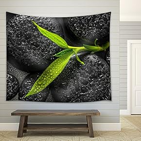 Top Down Closeup Beautiful Spa Composition of Green Branch Bamboo on Zen Basalt Stones - Fabric Wall Tapestry Home Decor - 51x60 inches