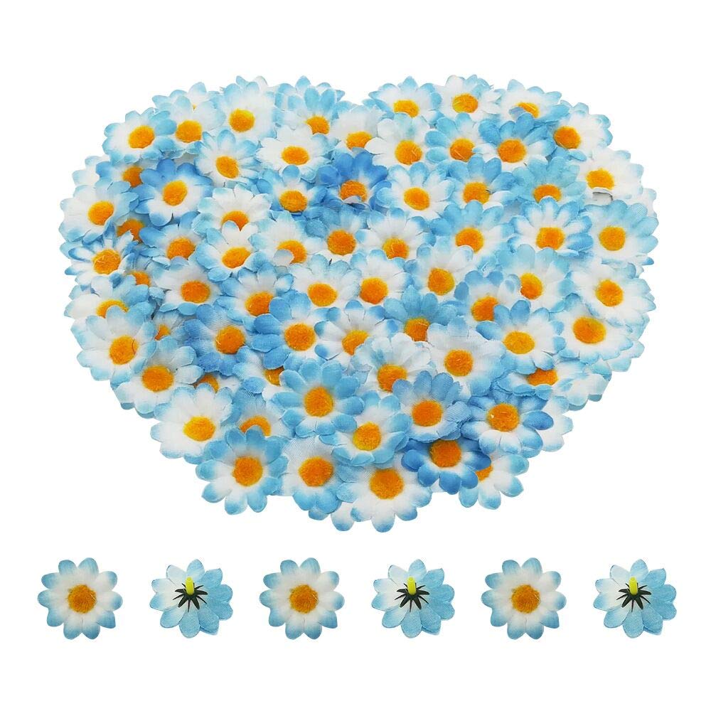 Artificial Daisy Flower Heads 100pcs Fake Gerbera Petals White & Blue for DIY Garland Craft Birthday Indoor Outdoor Party Easter Bonnet