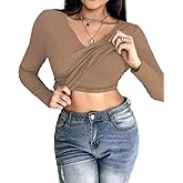 CHICME Womens Rib-Knit Tops Bulit-in Shelf Bra Shirt Long Sleeve Shirts Fall Tops Khaki-L