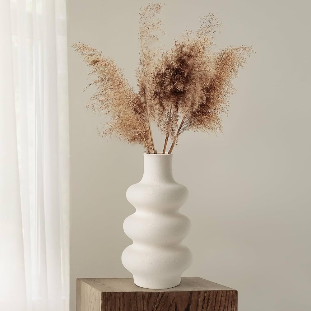 Tall Ceramic Wavy Vase | Modern Dried Flower Vase | Round White for Pampas Grass | Boho Home Decor Centerpiece | Wedding - Dinner Table - Party - Living Room - Office & Bedroom
