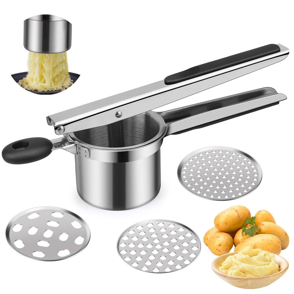 Potato Ricer – a Potato Ricer Masher with 3 Interchangeable Discs and a Silicone Handle. Perfect as a mash Potato Ricer and Potato Masher for Making Mashed Potatoes and Vegetable purée