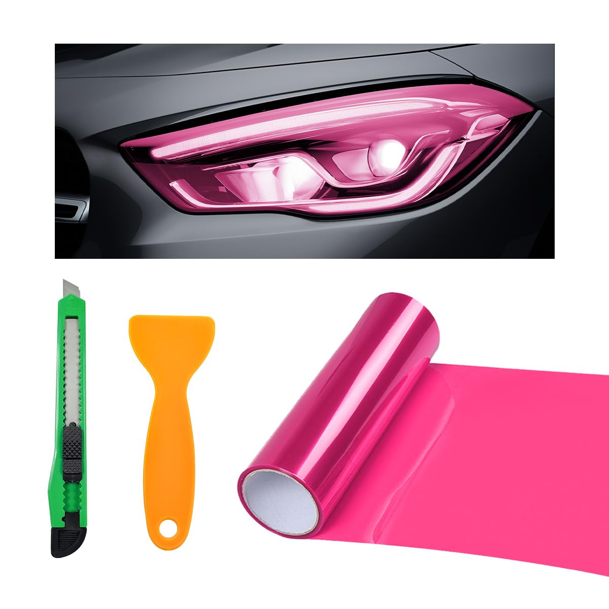 Photo 1 of povtii Tint Vinyl Film Sticker Sheet Roll for Car Headlight, 12×48 Inch Auto Taillight Vinyl Wrap Film, Self Adhesive Fog Light Vinyl Film with Squeeze & Cutter, Car Accessories (Pink)