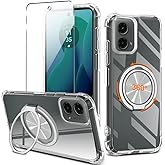 Compatible for Motorola Moto G 5G 2024 Phone Case with Glass Screen Protector 360° Rotatable Ring Holder Kickstand [Non Yellowing] Transparent 4 Corners Shockproof Protective Phone Cover Case - Clear