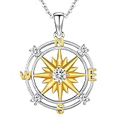 Brisskaari Women Compass Necklace 925 Sterling Silver Two-Tone Compass Pendant Cubic Zirconia Nautical Necklaces Birthday Gift for Her