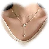 Boho Pearl Drop Necklace for Women Layered White Flower Pendant Necklace Pearl Y Necklace Chain Flower Y Lariat Necklace Pearl Y Drop Chain Necklace Gold Pearl Bead Necklace Jewelry for Girls
