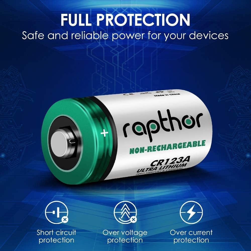 Rapthor CR123A 3V Lithium Battery 1650mAh High Power CR123 123a CR17345 Non-rechargeable Batteries with Built-in PTC for Flashlight Toys Alarm System Microphones (16 Pack) - Image 5
